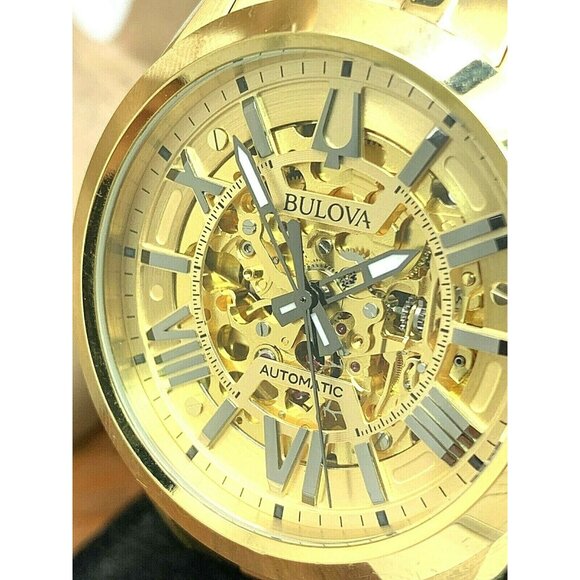 Bulova Men's Watch 97A162 Automatic Skeletonized Dial Gold Stainless Steel 43mm - Picture 1 of 13